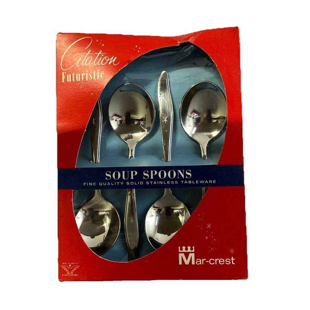 Mar-crest Citation Futuristic Atomic Starburst Stainless Soup Spoons New